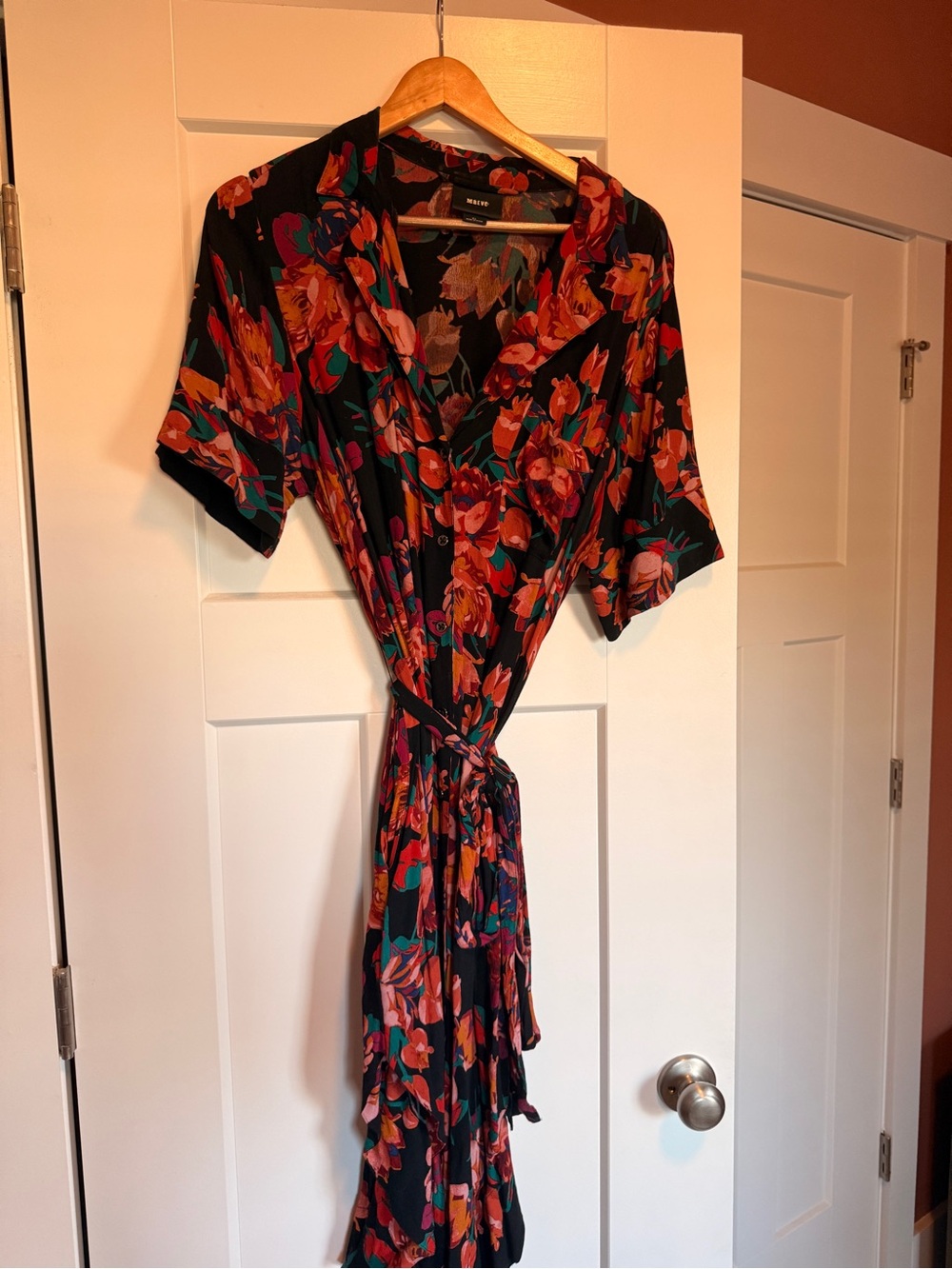 Maeve Black Floral Wrap Midi Dress with Tie Waist